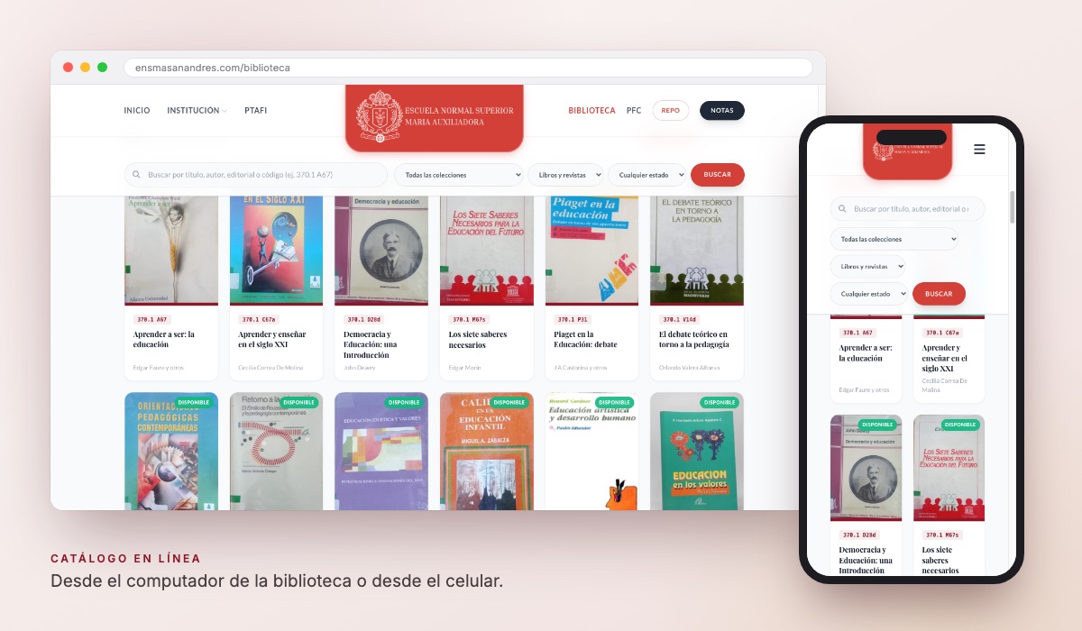 El catálogo de la Biblioteca Escolar visto en un computador y en un celular